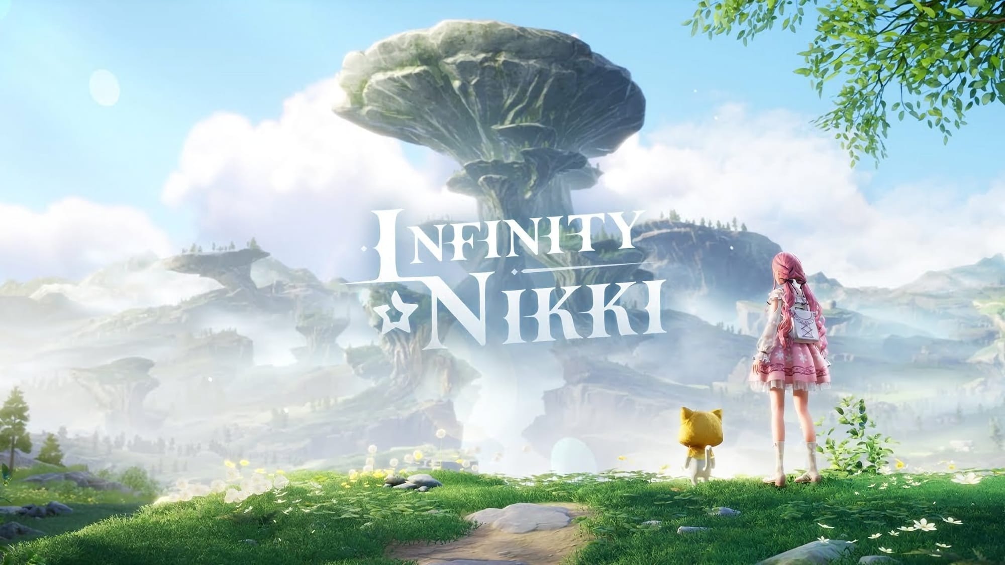 Promotional image for the video game Infinity Nikki, showing pink-haired main character Nikki and her best friend Momo, a sort of bipedal cat who wears a species of hooded medieval cloak that with covers for his ears, gazing into the distance at rock formations that do not exist in nature.
