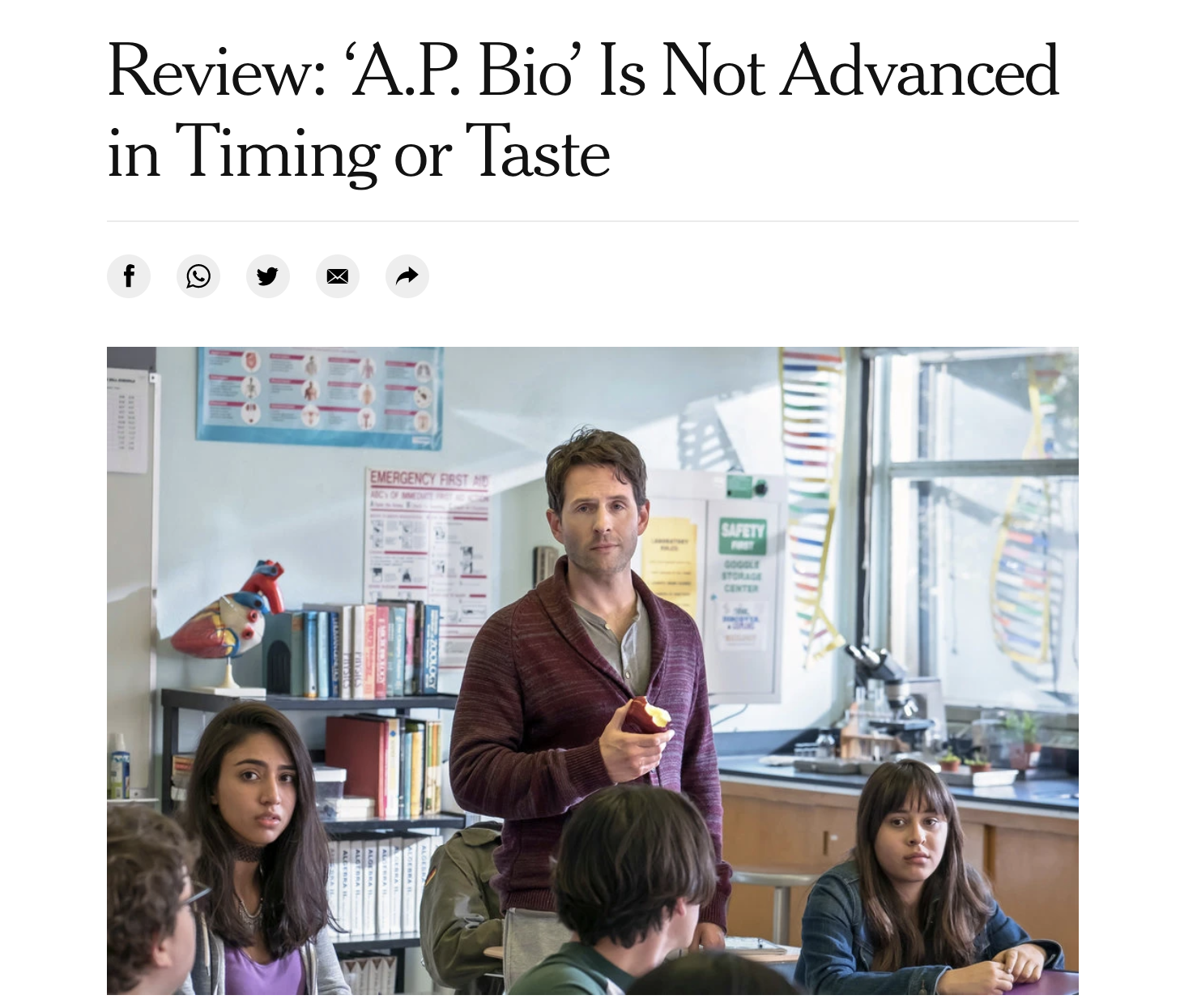 New York Times review from 2018 with a headline that reads "Review: 'A.P. Bio Is Not Advanced in Timing or Taste"