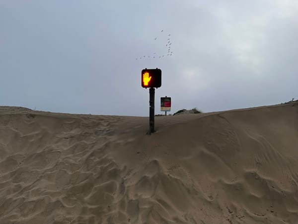 A pedestrian crossing light sticks out of a sand dune and shows the red hand